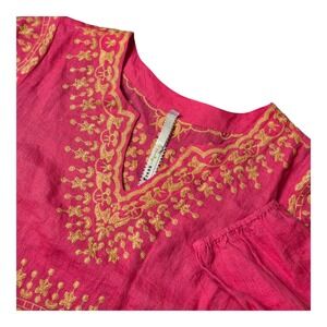 Uncle Frank Women's S Linen Embroidered Tunic Dress Pink Yellow Boho Resort